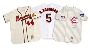 Hall of Fame Signed Baseball Jersey Lot of 3: Hank Aaron, Brooks Robinson, and Ernie Banks
